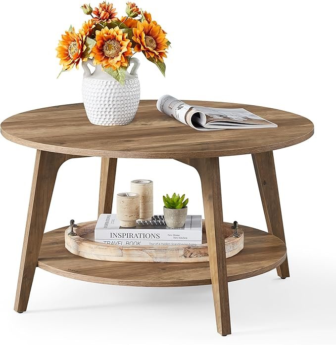 VASAGLE MAEZO 31.5" Round 2-Tier Coffee Table with Storage Shelf (Honey Brown)