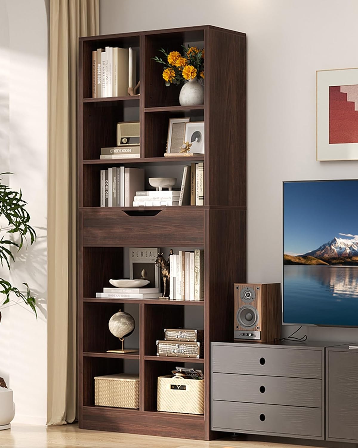 Armocity 8-Tier Tall Bookshelf with Drawer, 73.6" Black Walnut
