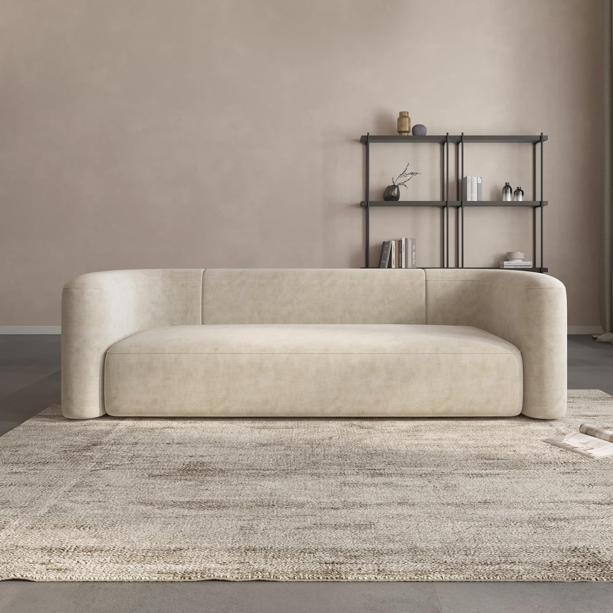 Acanva Curved Back Velvet Sofa, 3-Seater, Cream