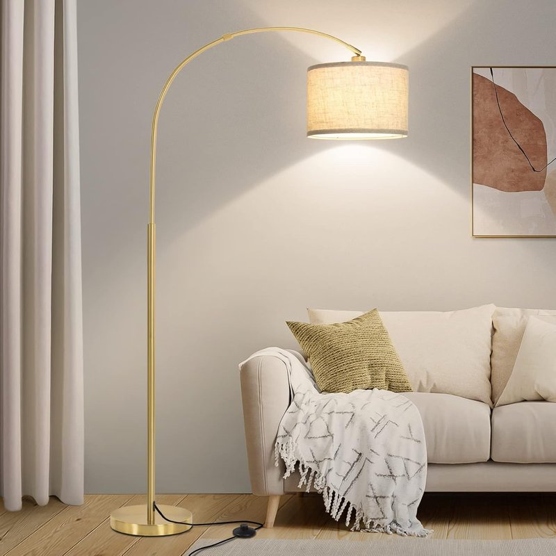 Adjustable Arc Floor Lamp with Linen Shade, Gold Base