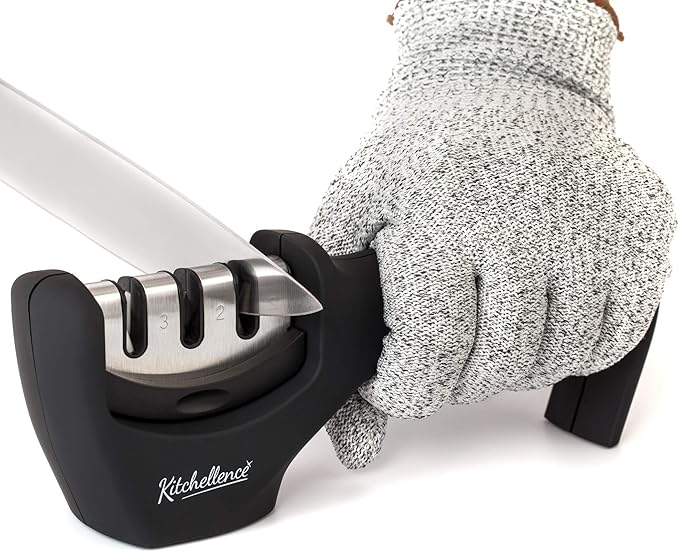 4-in-1 Kitchen Knife Accessories: 3-Stage Knife Sharpener Helps Repair, Restore, Polish Blades and Cut-Resistant Glove (