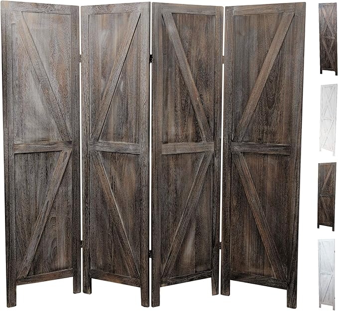 Premium Home 4-Panel Rustic Brown Barn Door Folding Privacy Screen