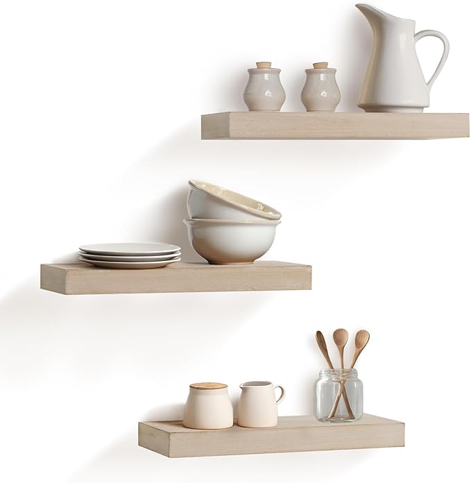 AHDECOR Floating Shelves, Wall Mounted Set of 3 Rustic Wooden Ledge Shelves - floating wall shelves for living room