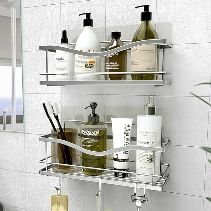 KINCMAX Premium Shower Caddy, 2-Pack Adhesive Stainless Steel Shelves for rust-proof stainless shower caddy guide