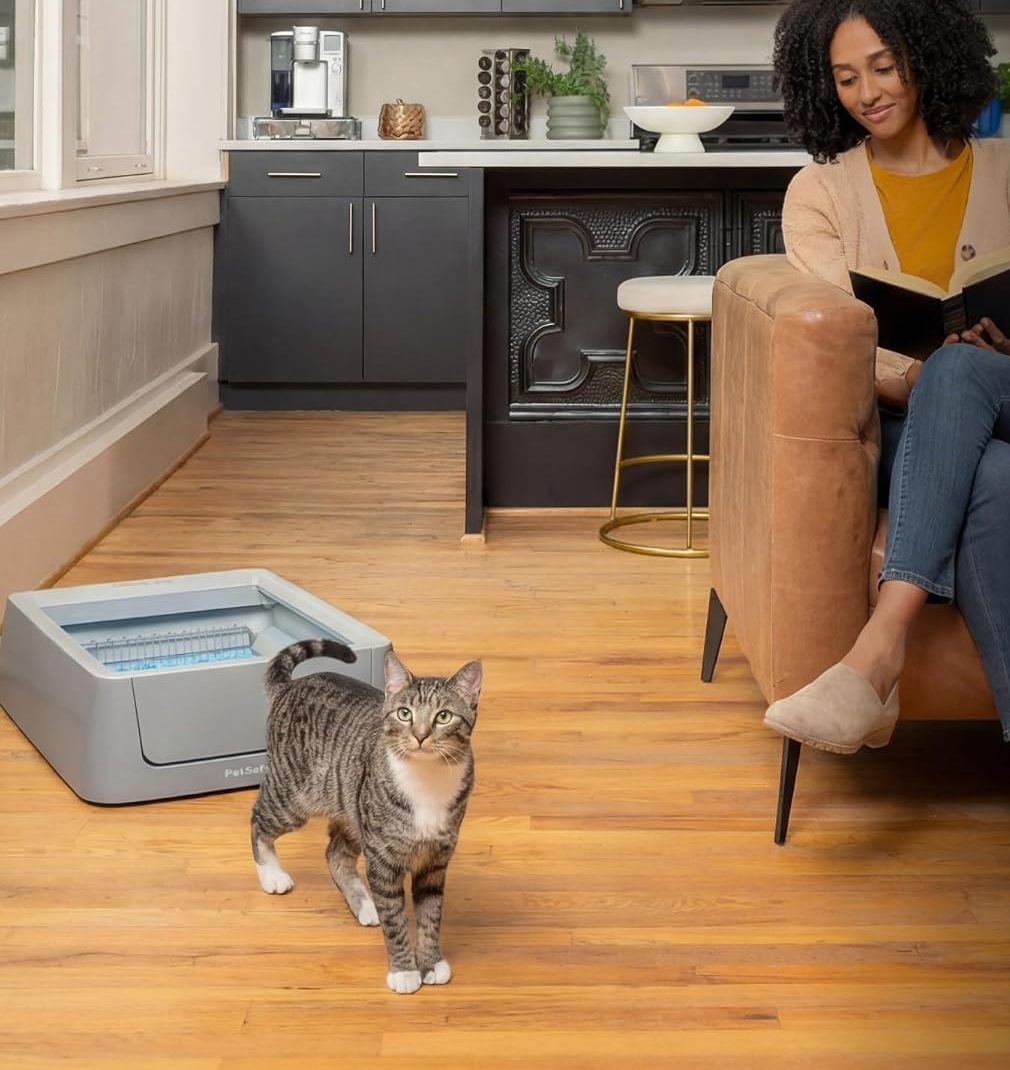 A PetSafe ScoopFree Crystal Smart self-cleaning litter box on a wood floor beside a tabby cat, in a kitchen and living area