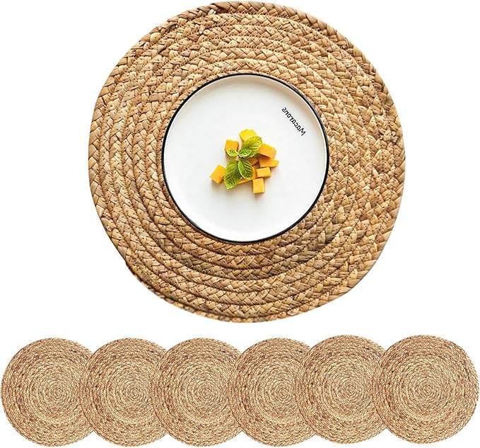 Woven Round Placemats, Set of 6 (13.5 in, Water Hyacinth Rattan)