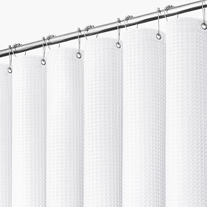Dynamene White Fabric Shower Curtain, Waffle Weave 256 GSM