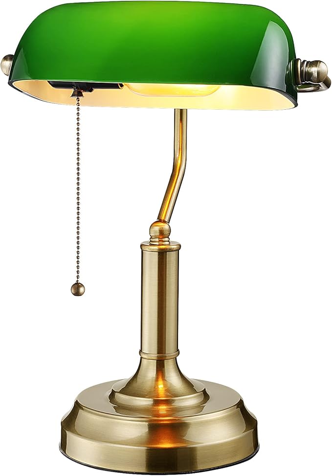 TORCHSTAR Green Glass Bankers Desk Lamp, Brass Finish Base, Pull Chain - dark academia bedroom kit