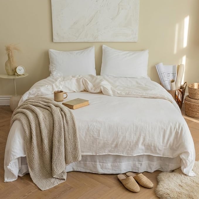 BISELINA French Linen Duvet Cover Set 3pcs with Hidden Zipper Closure, Queen