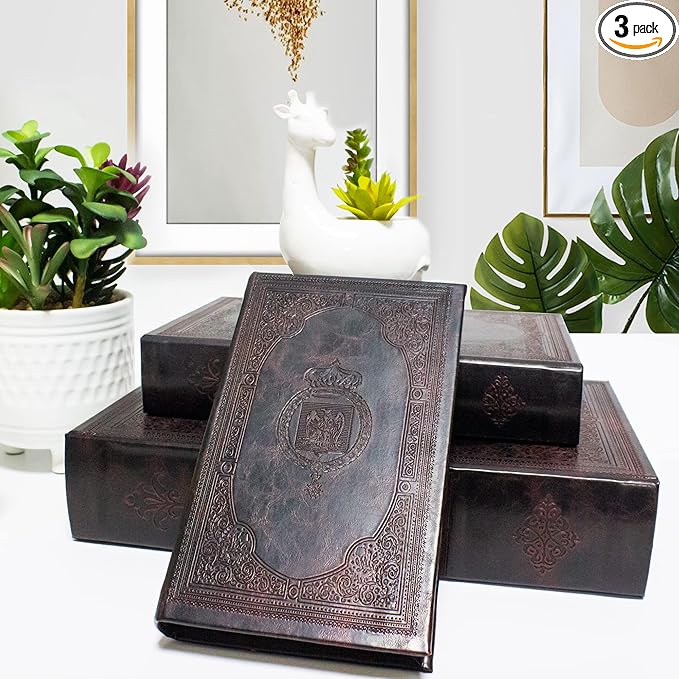Decorative Book Box Set of 3, Vintage Leather-Look Wooden Storage Boxes - dark academia bedroom kit