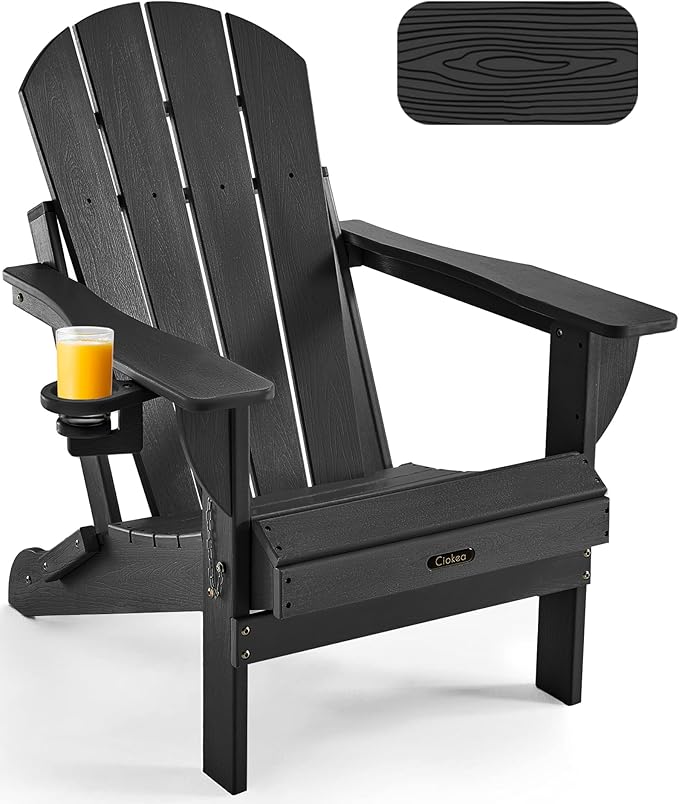 Ciokea Folding Wood-Texture Adirondack Chair with Cup Holder - HDPE Adirondack chair