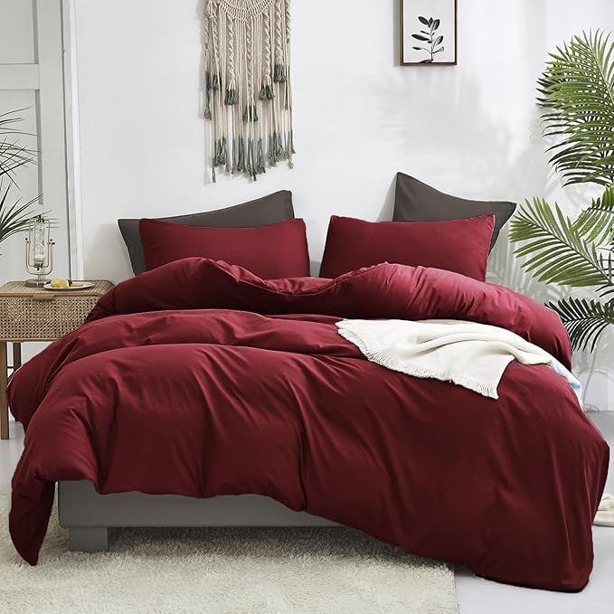 Luxlovery Burgundy Comforter Set Queen, 3 Piece Claret Wine Red Bedding - dark academia bedroom kit