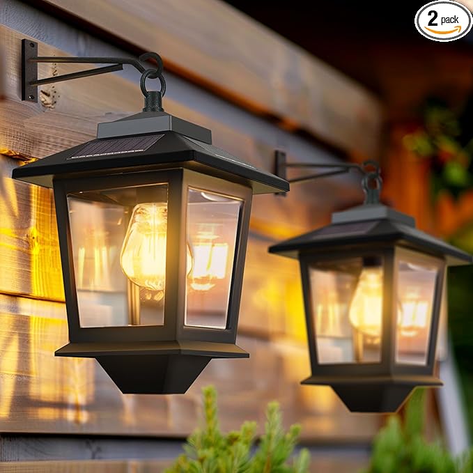 PASAMIC 2 Pack Solar Wall Lanterns with 4 Solar Panels, Dusk to Dawn