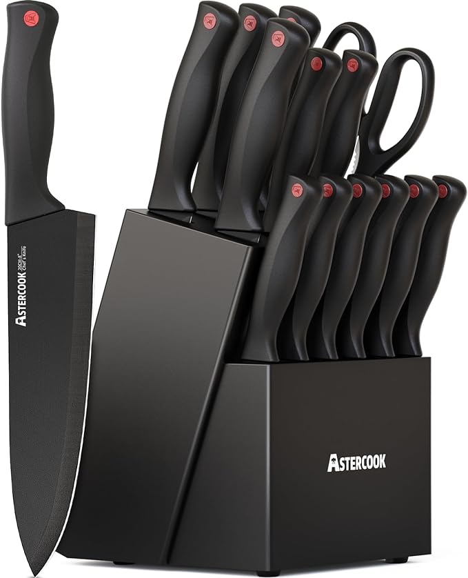 Astercook 15-Piece Knife Block Set with Built-In Sharpener on Amazon