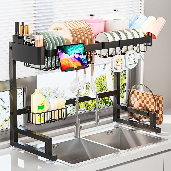 ADBIU Over The Sink Dish Drying Rack (Expandable Height and Length, 2 Tier) for small-kitchen over-sink dish rack guide
