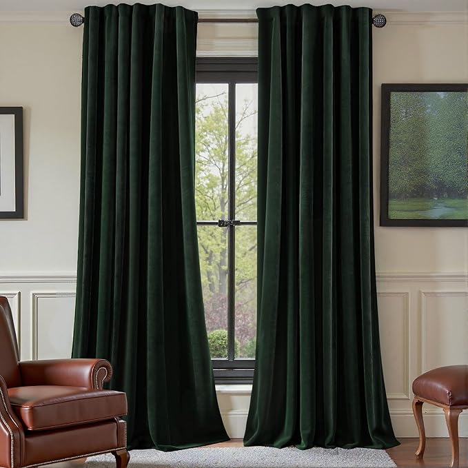 Nemia Dark Green Velvet Curtains, Thermal Insulated Blackout, 84 Inches - dark academia bedroom kit
