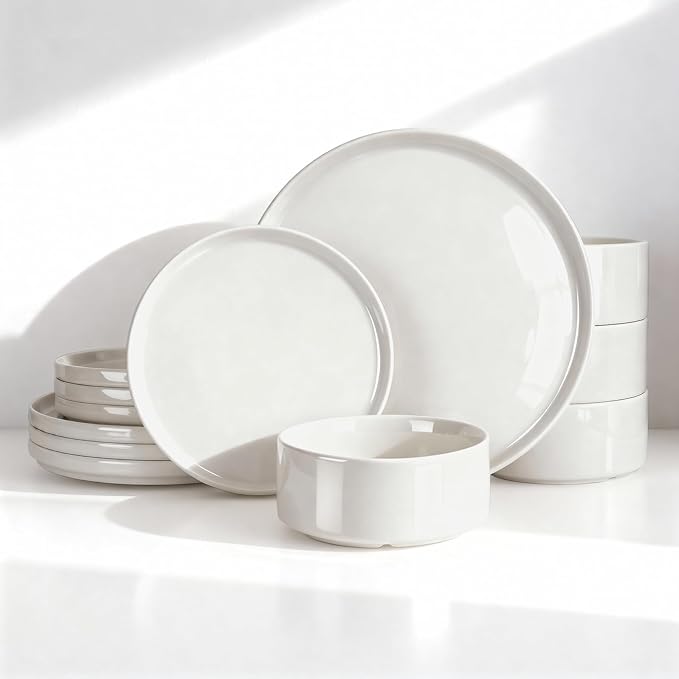 Famiware Porcelain Dinnerware Set, 12-Piece Modern Plate and Bowl Set