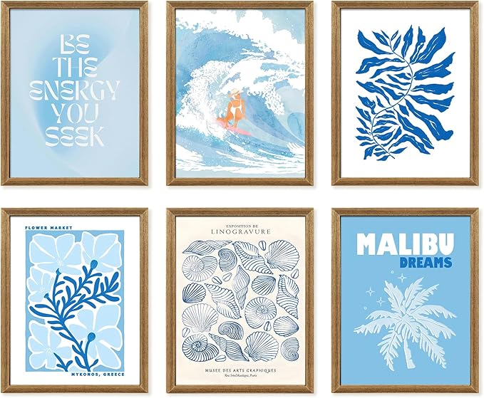 Framed Ocean Beach Wall Art Set of 6, Coastal Seascape Canvas Prints - coastal grandma living room kit