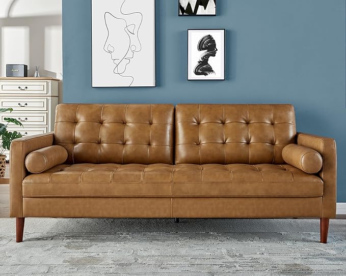 AMERLIFE Mid-Century Modern Genuine Leather Sofa