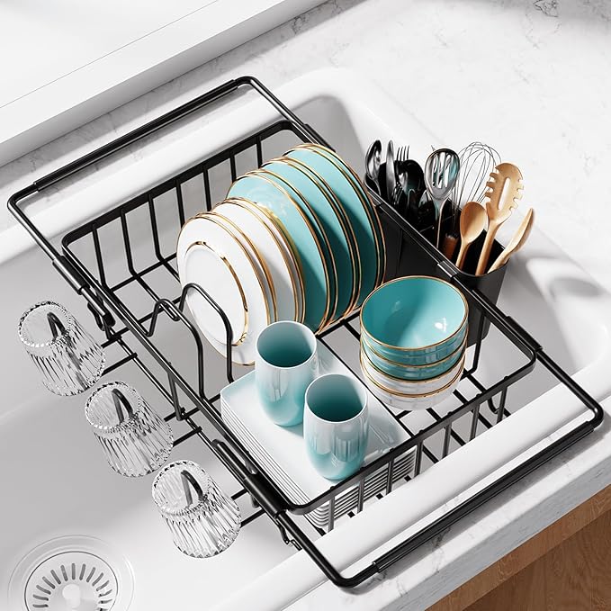 Sakugi Expandable Stainless Steel Dish Rack with Cutlery Holder and Cup Holder for small-kitchen over-sink dish rack gui