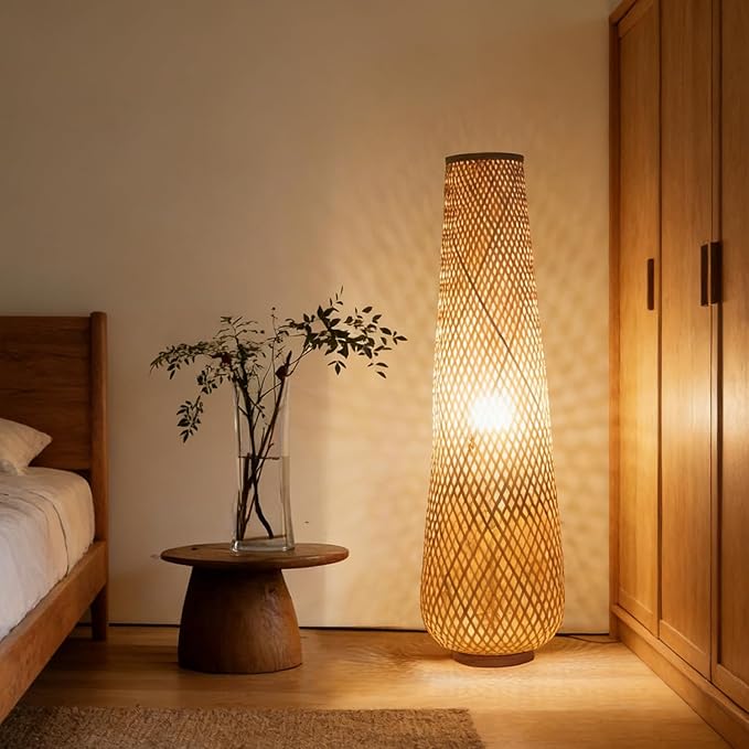 Farmhouse Bamboo Floor Lamp (Large Wicker Standing Light) for Japandi living room