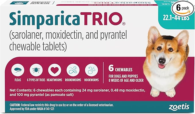 Simparica Trio Chewables for Dogs 22.1-44 lbs (6 Tablets, Rx via Amazon Pharmacy)