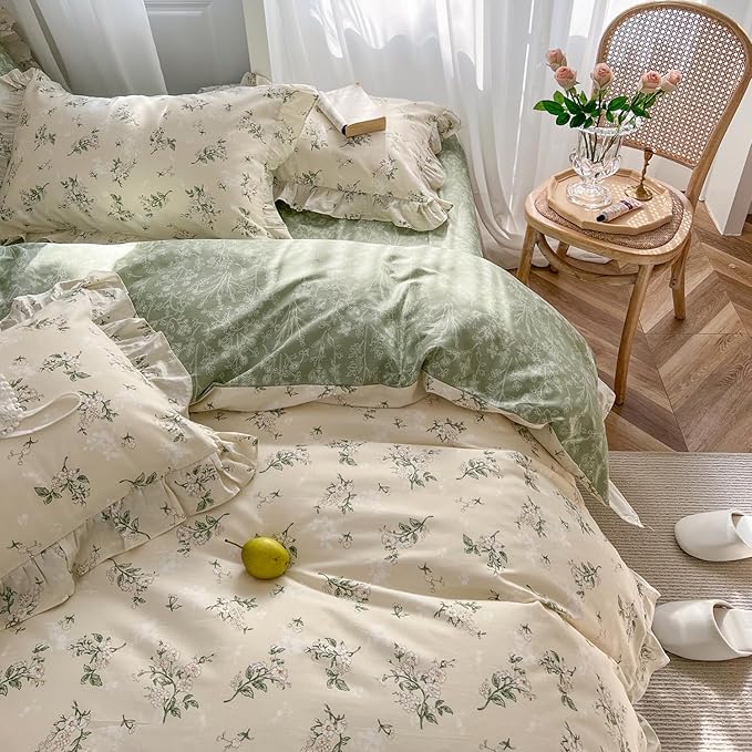 MKXI Botanical Ruffled Duvet Cover Set (Queen) - cottagecore bedroom starter kit
