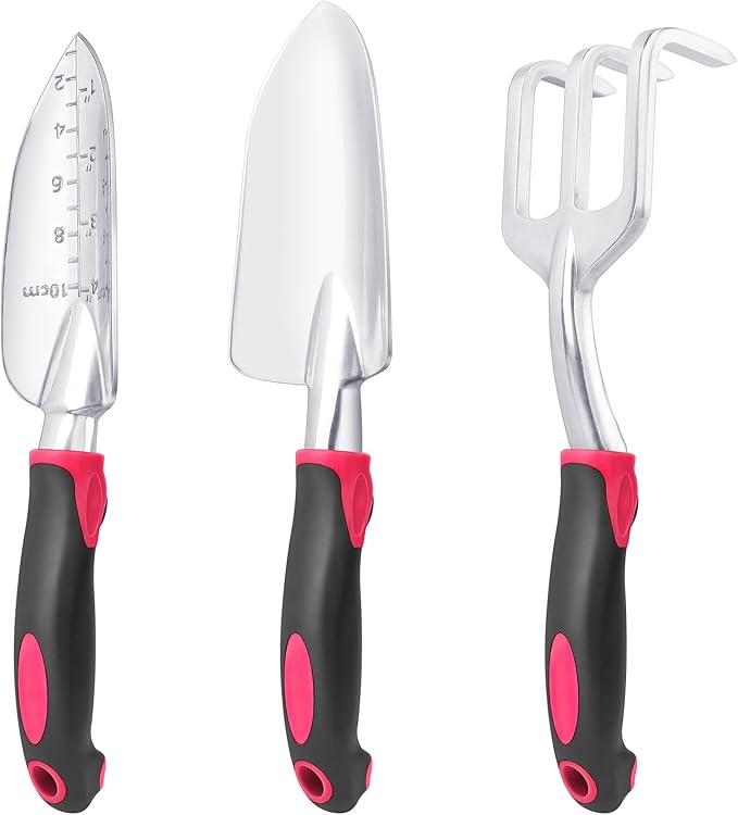 Garden Tools Set, 3 Pack Heavy Duty Gardening Tools Set Include Garden Shovel, Transplant Trowel and Hand Rake with Ergo