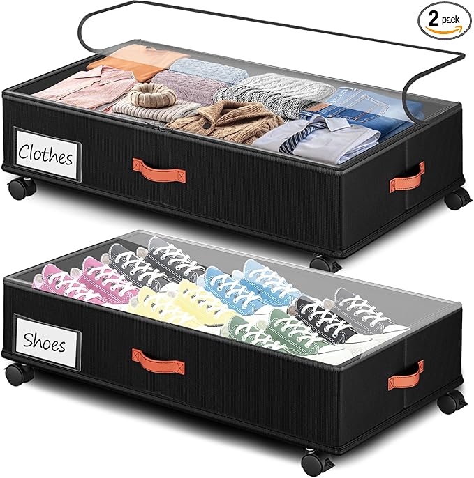 SpaceHacks 66L Under Bed Storage with Wheels, 2-Pack, Clear Lids