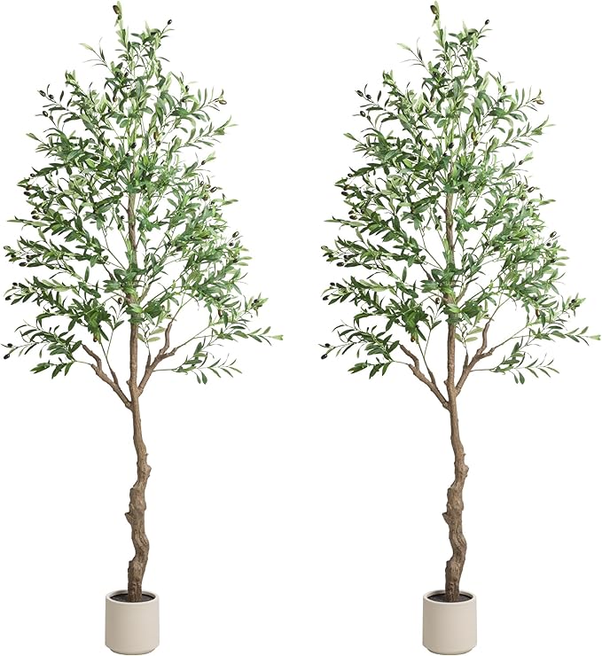 2-Pack 7 FT Olive Tree Artificial Indoor, Faux Olive Trees with Planter, Fake Tall Plants with Natural Trunk and Lifelik