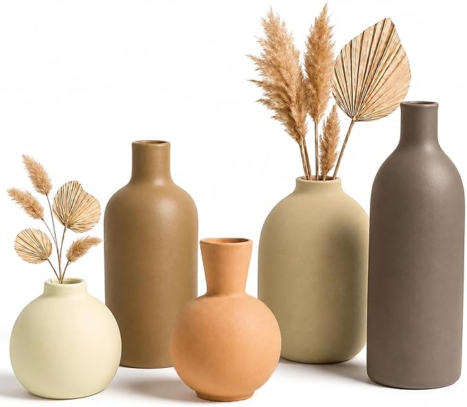 Neutral Ceramic Vase Set (5 Matte Earth-Tone Vases) for Japandi living room