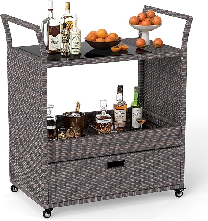 Tangkula Outdoor Rolling Wicker Bar Cart with Tempered Glass Top for outdoor patio bar cart guide