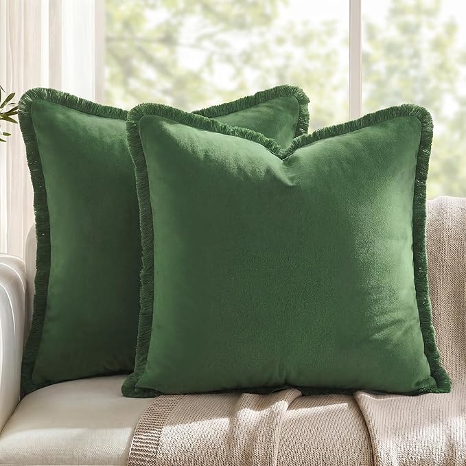 HOMEIDEAS Olive Velvet Throw Pillow Covers (18x18, Set of 2)
