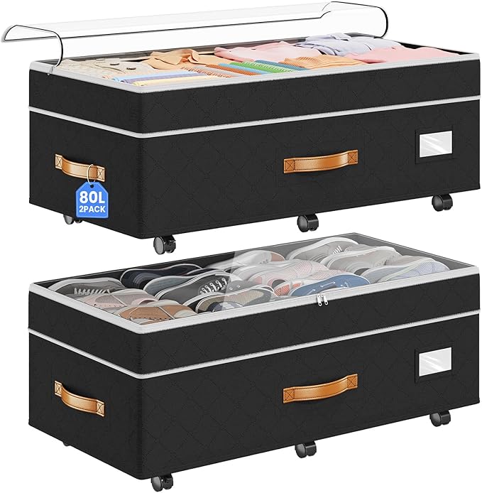 Budding Joy 80L Under Bed Storage, Height-Adjustable, Clear Lids