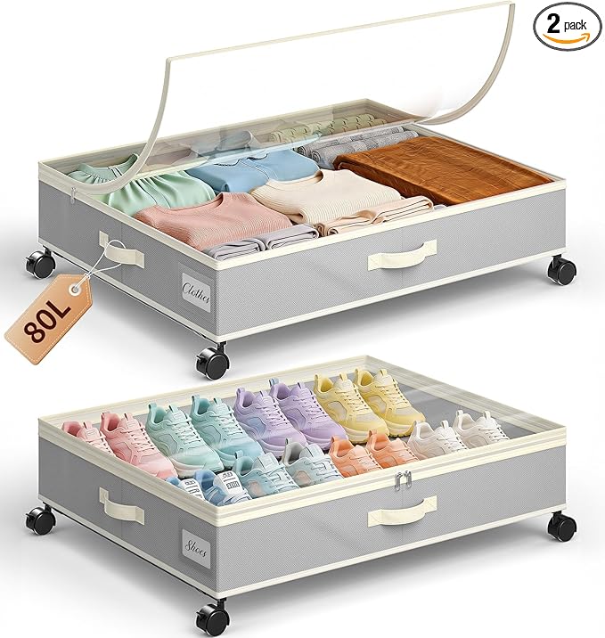 Yecaye 80L Under Bed Storage with Wheels, 2 Pack (Metal Frame)