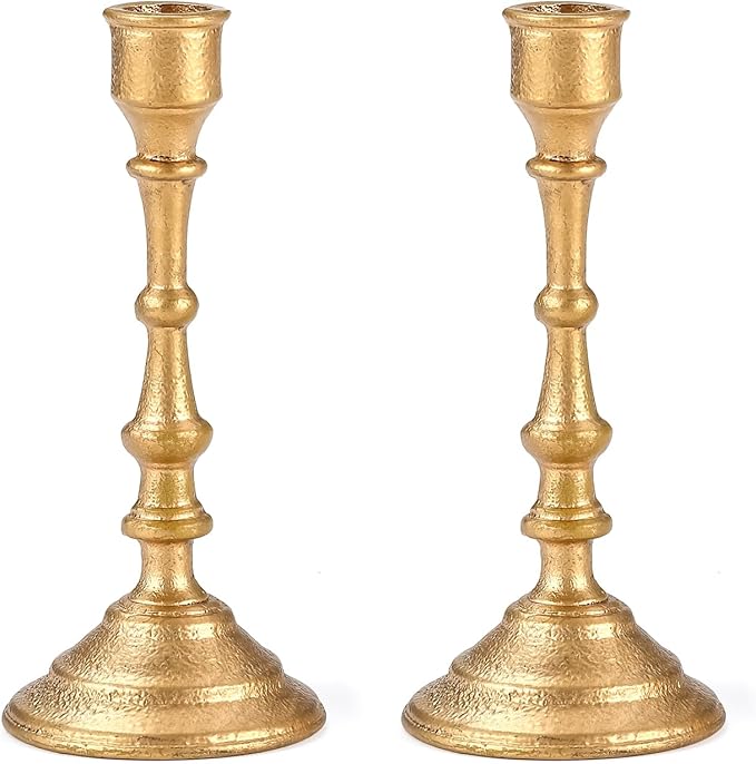 Antique Brass Candle Holders Set of 2, Heavy Cast Iron Taper Sticks - dark academia bedroom kit