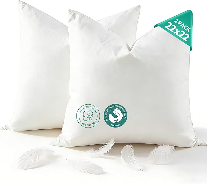 APSMILE Organic Cotton Goose Feather Down 22x22 Pillow Inserts for IKEA KIVIK sofa