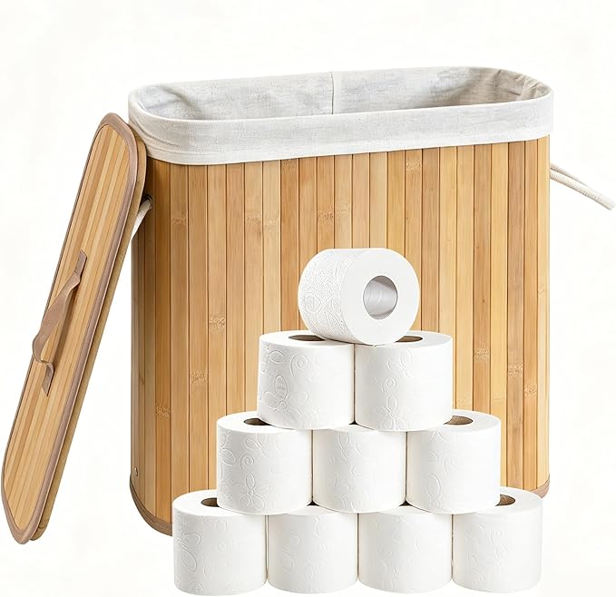 Large Bamboo Toilet Paper Basket with Lid, Holds 12 Mega Rolls