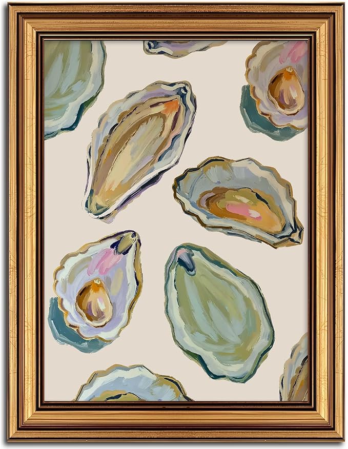 Vintage Gold Framed Wall Art Abstract Coastal Oyster Shell Painting - coastal grandma living room kit