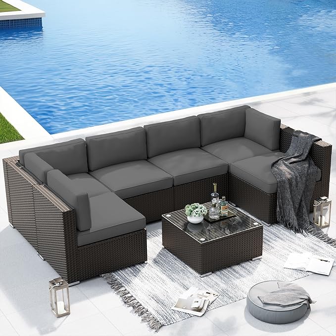 SUNCROWN 7-Piece Black Wicker Sectional with Glass Table