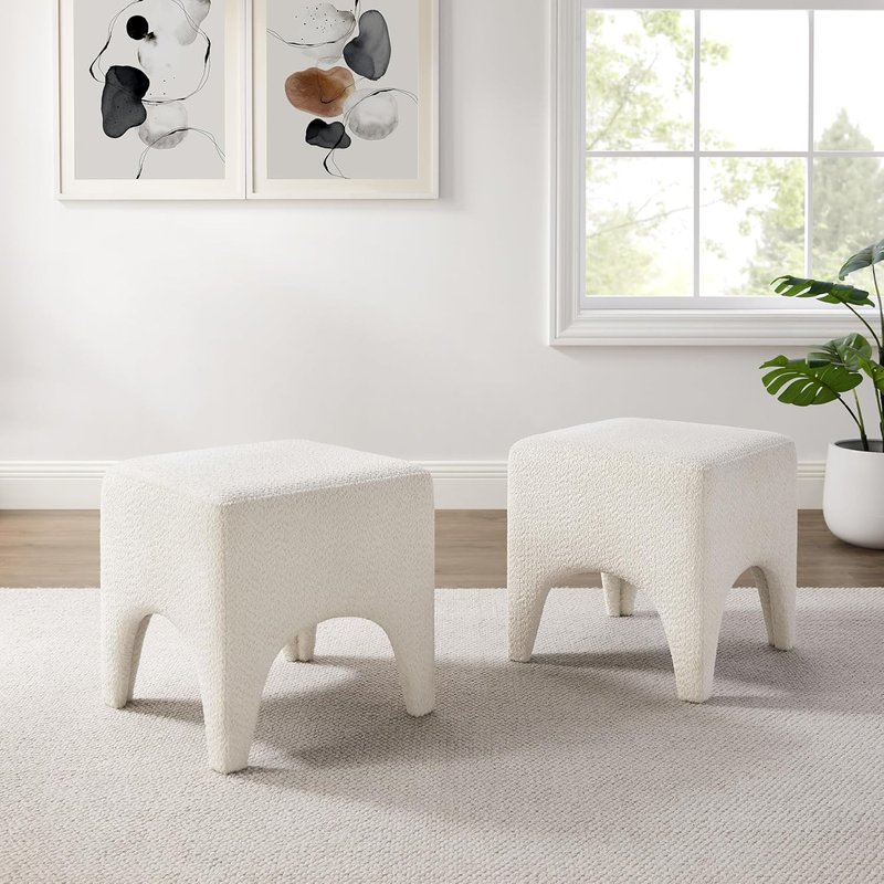 Arcrinte 17" Boucle Rectangle Ottoman, Upholstered Foot Stool, White