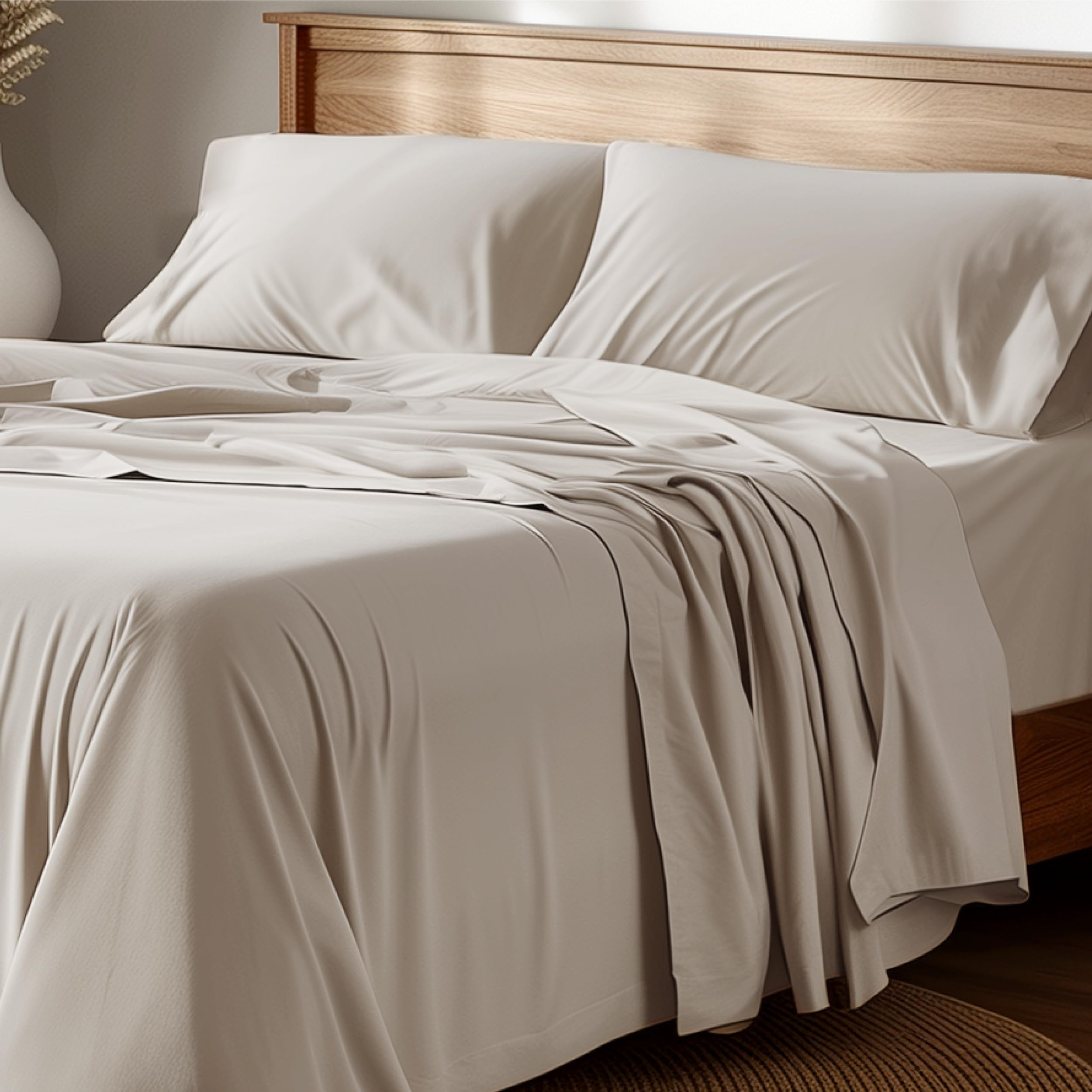 Bedsure 100% Cotton Percale Sheets Queen, Breathable Deep Pocket, 4-Piece, Linen