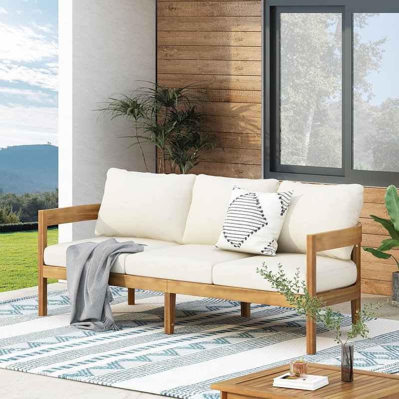 Brooklyn Outdoor 3-Seater Sofa with Cushions, Acacia Wood, Teak/Beige