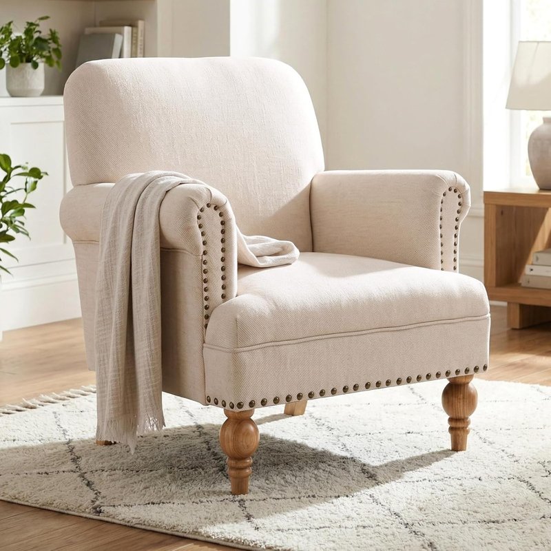 DM Furniture Beige Linen Accent Chair, Nailhead Trim, Ball-Turned Wood Legs