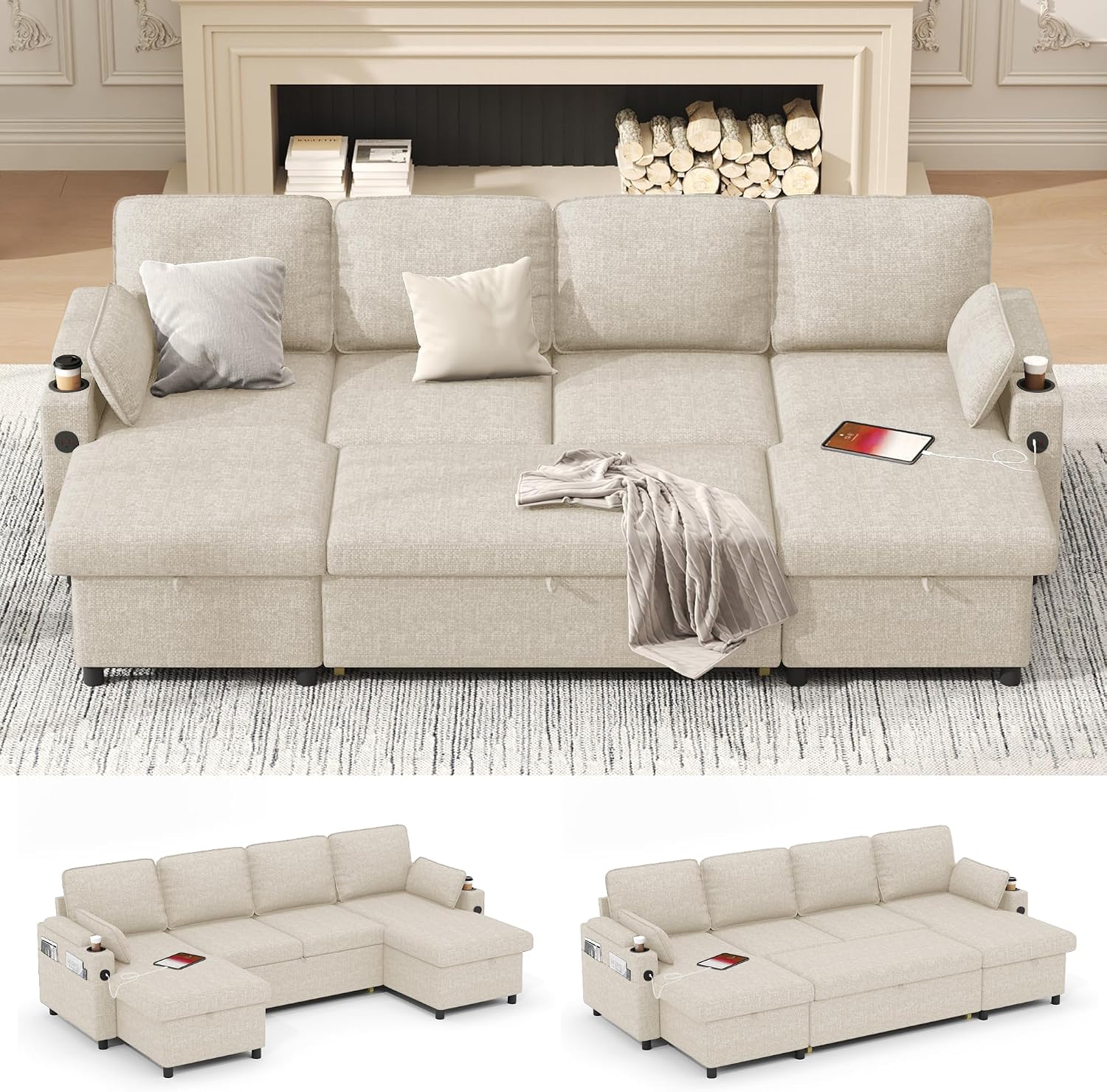 DURASPACE Sleeper Sofa Pull-Out Couch with Double Storage Chaise