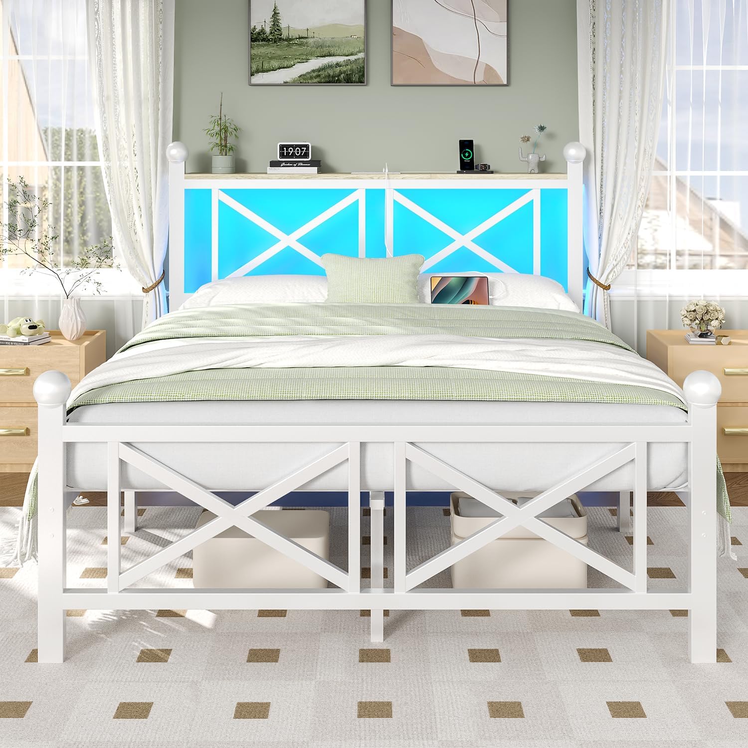 DynJest Queen White Bed Frame with Headboard & Footboard, Storage Shelf with LED Lights