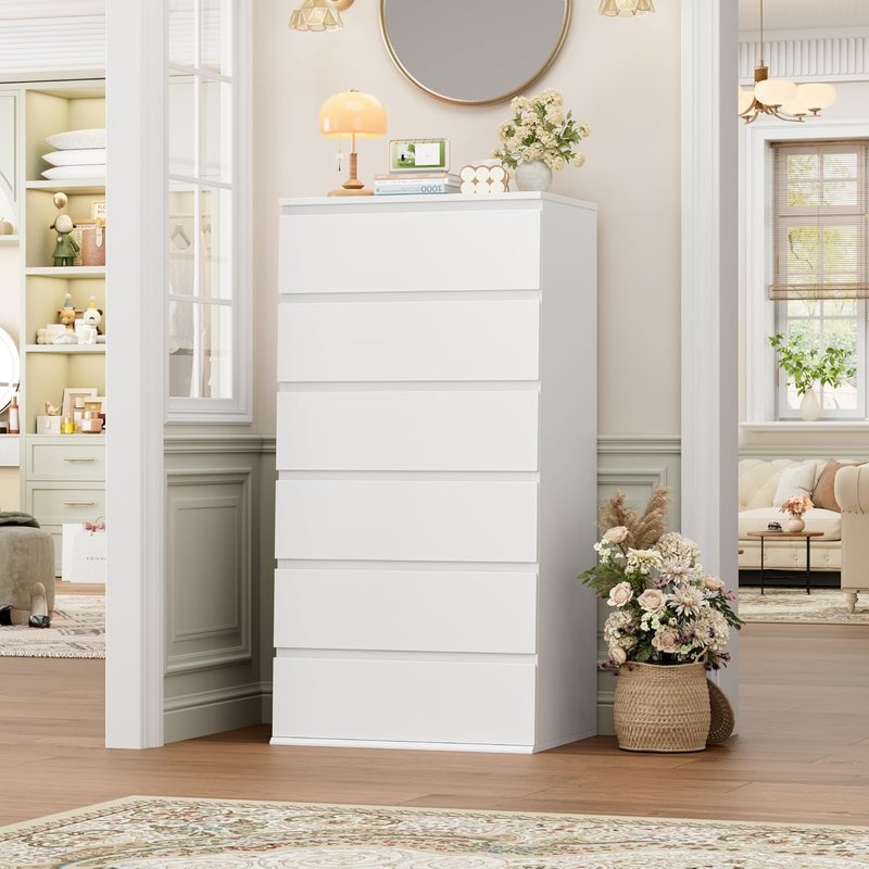 FOTOSOK White 6-Drawer Dresser, Handleless Tall Vertical Storage Cabinet
