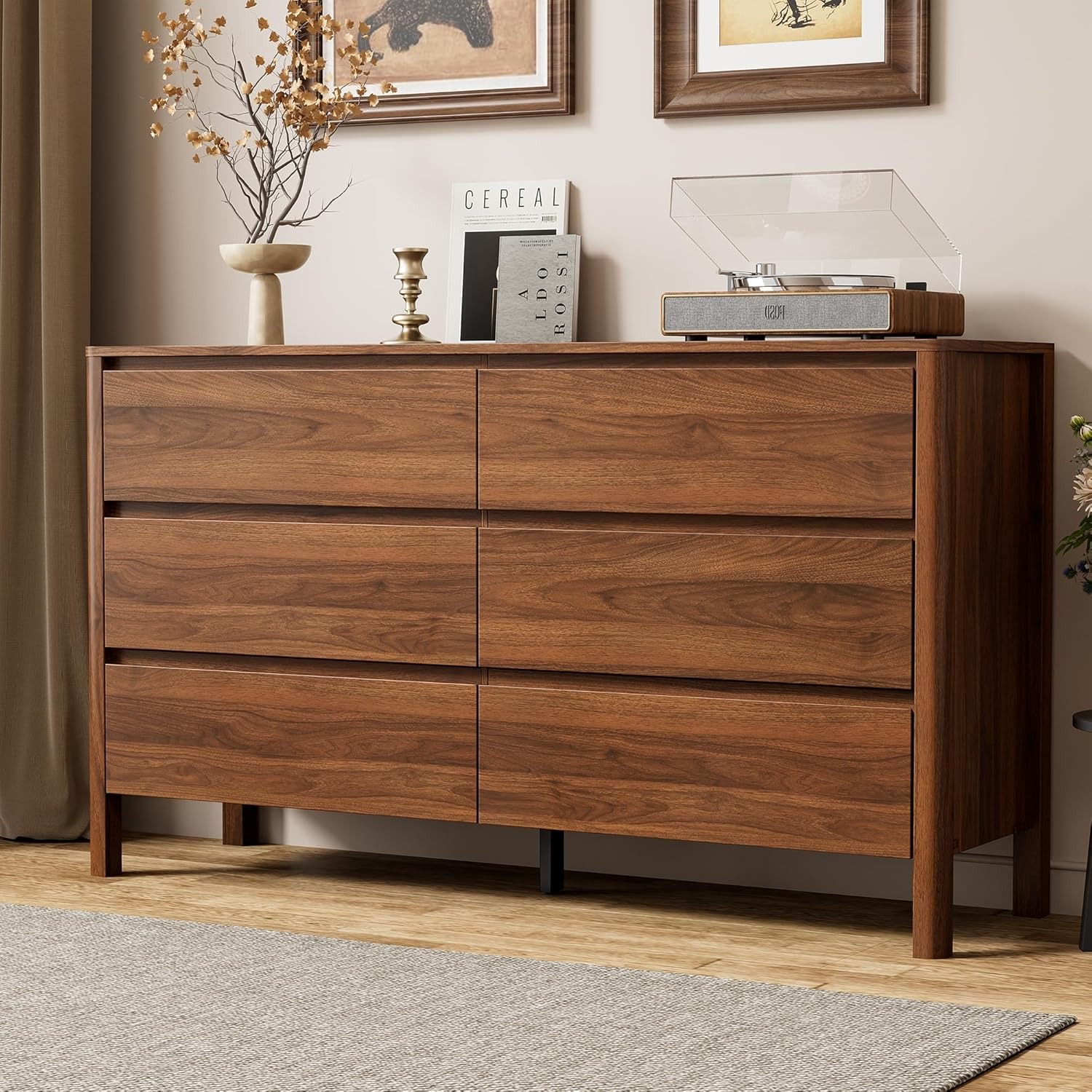 Furniway 55" Mid-Century Modern 6-Drawer Wide Dresser, Walnut