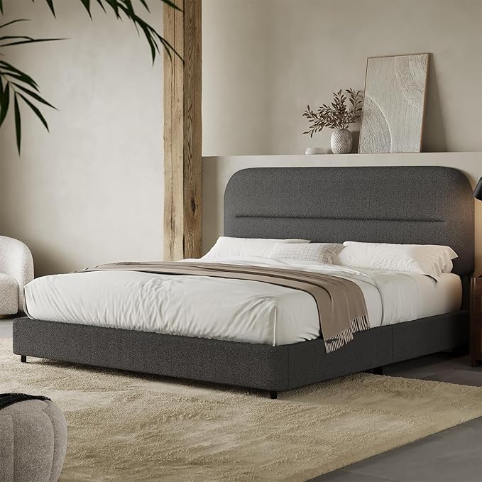 HOMBCK Boucle Upholstered Queen Platform Bed Frame