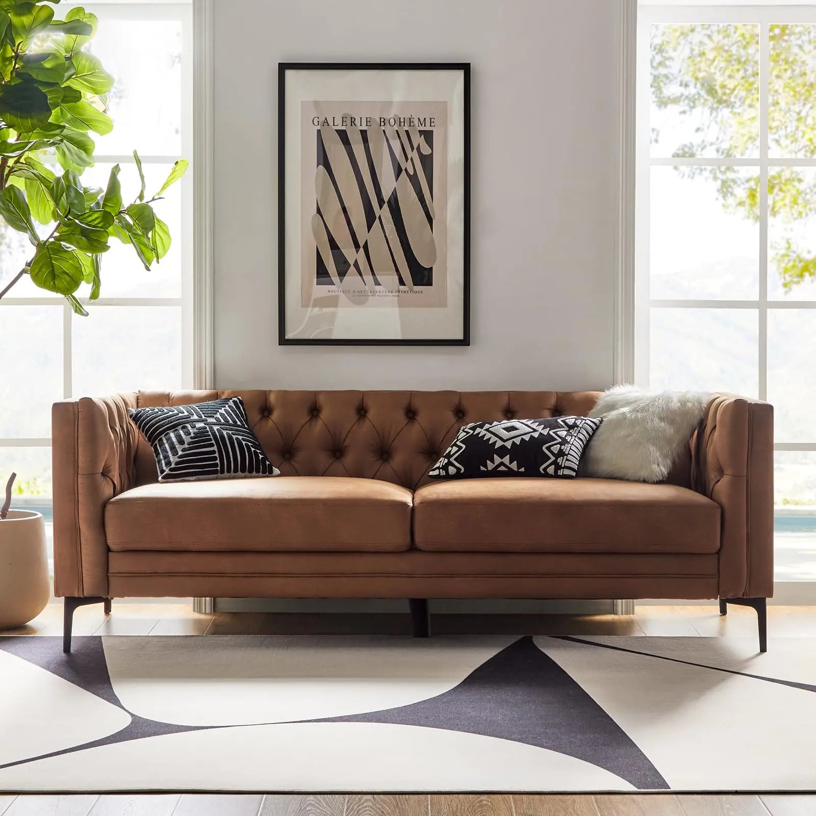 HULALA HOME 84" Vegan Leather Button-Tufted Sofa, Mid Century, Camel